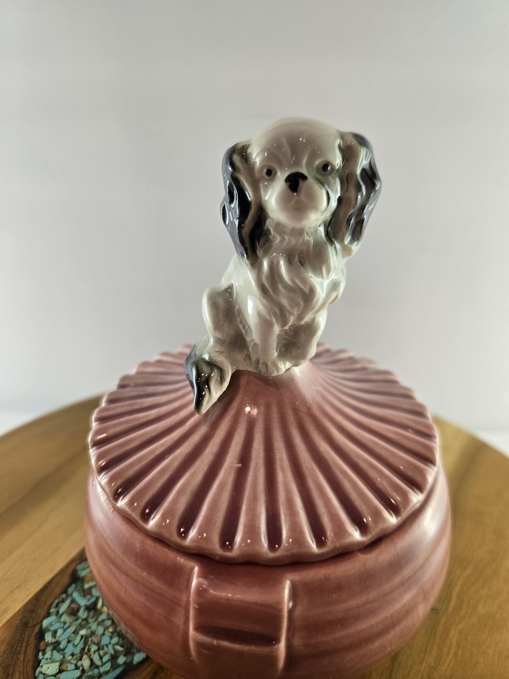 Vintage Pink Ceramic Dog Powder Jar Vanity Trinket Box